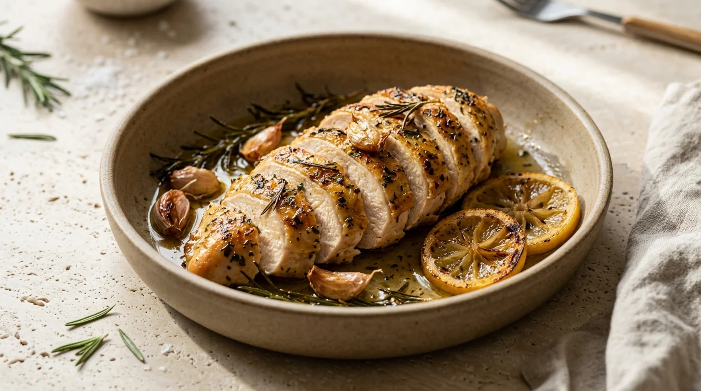 Pechuga de pollo dorada al romero y ajo asado con limón grillado