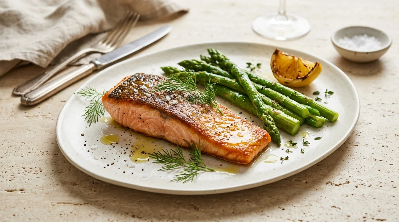 Filete de salmón crujiente al eneldo con espárragos verdes al vapor