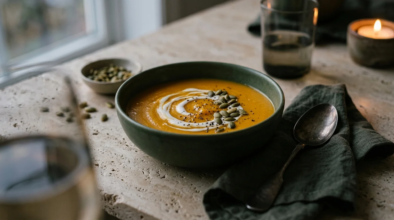 Crema reconfortante de calabaza y cúrcuma con leche de coco y semillas