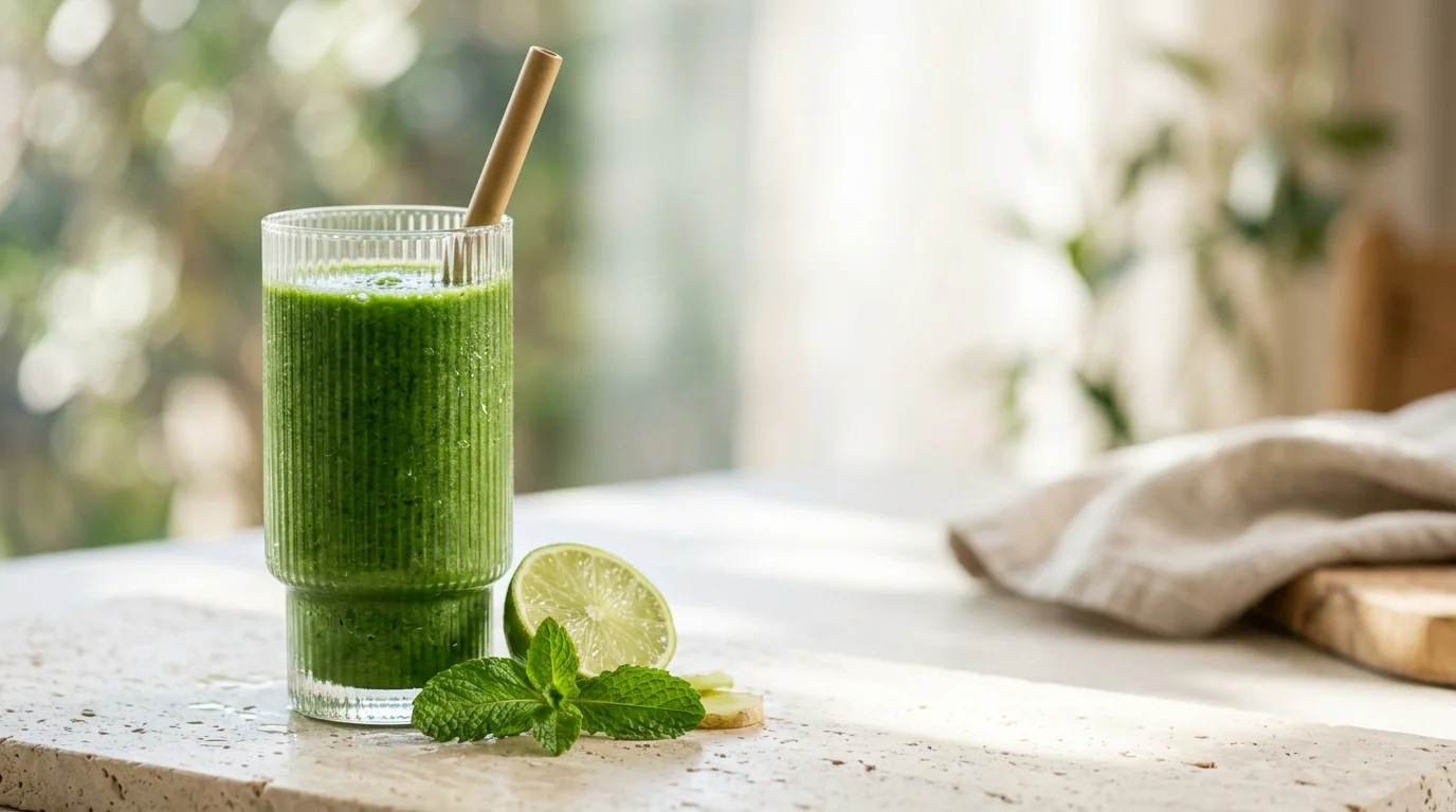 Smoothie verde antiinflamatorio con menta fresca, limón y jengibre