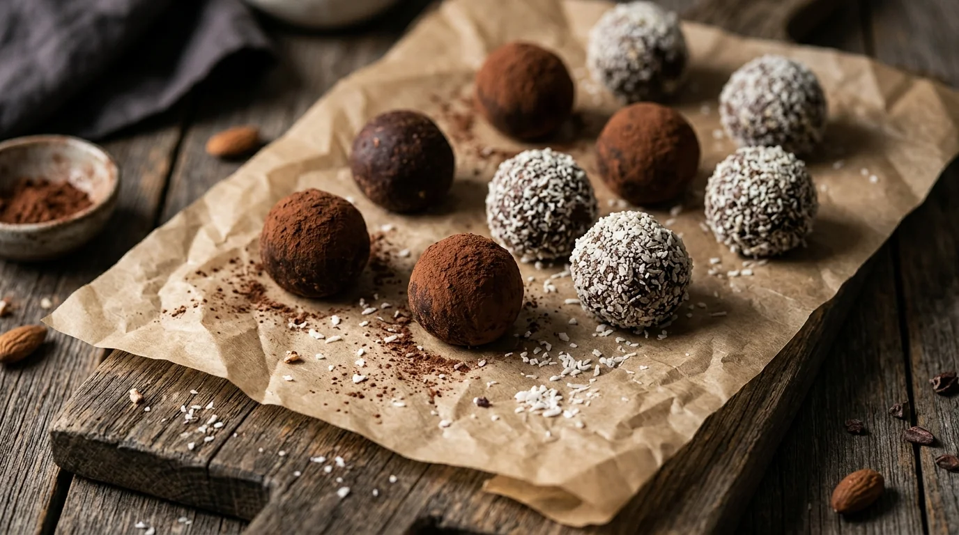 Trufas energéticas de cacao puro, almendras y coco rallado